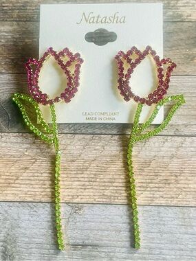 Natasha Tulip Rose Crystal Statement Earrings New 🌷